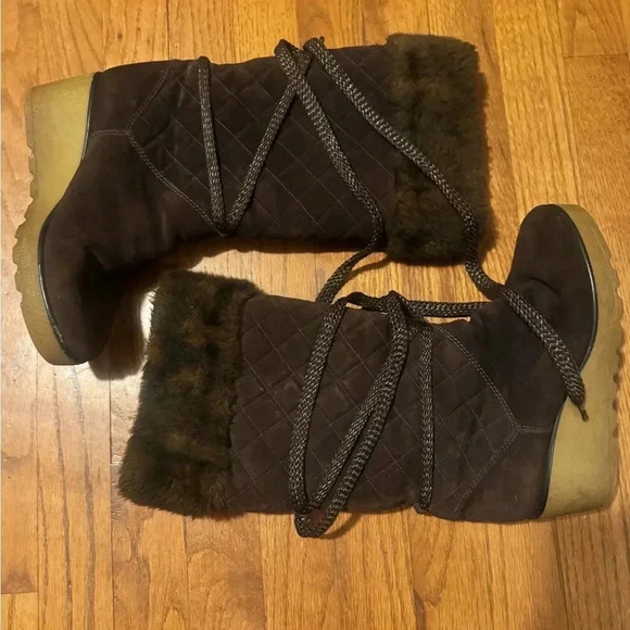 Marc Jacobs Brown Quilted Suede Fur Knee High Wedge Heel Winter Boots 36 US 6 - Picture 2 of 5